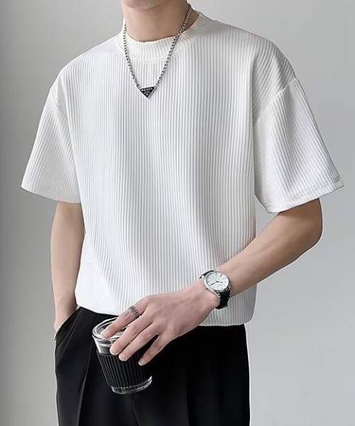 FreeZone(フリーゾーン)の「ポリエステルリブ編みTシャツ(Tシャツ/カットソー・メンズ・ホワイト/ブラック・F)」の5枚目の写真