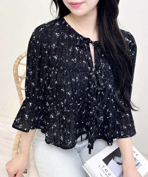 INGNI(イング)の「前リボン花柄7分袖ブラウス(シャツ/ブラウス・レディース・ブラック×ブルー/ホワイト×ブルー・M)」の13枚目の写真