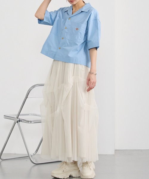 Dickies(ディッキーズ)の「【Dickies】オープンカラークロップドシャツ(シャツ/ブラウス・レディース・オフホワイト/ブラック/サックスブルー/グリーン・MEDIUM)」の19枚目の写真