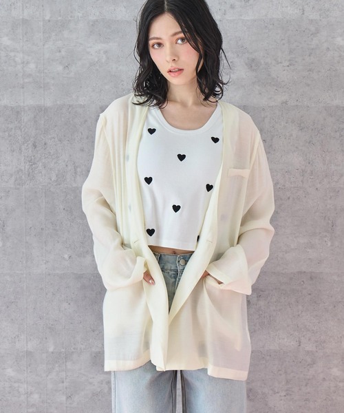 ベージュ シアージャケット ダブルボタン セール】ノーカラー ダブルボタン シアー ジャケット（ノー