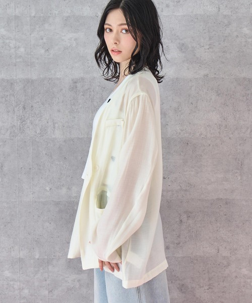 ANAP(アナップ)の「ノーカラー ダブルボタン シアー ジャケット(ノーカラージャケット・レディース・ホワイト/ブラック・FREE)」の3枚目の写真