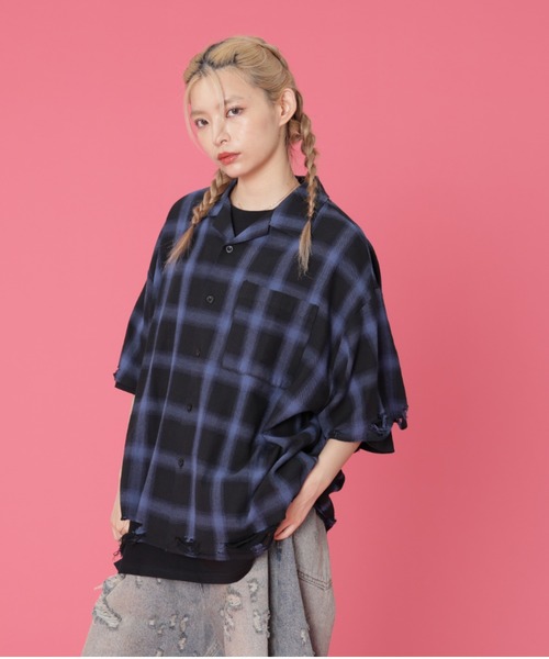ブラウス シャツ DankeSchon/ダンケシェーン/OMBRE CHECK DAMEGE S/S SHIRTS レディース メンズ セール】DankeSchon/ダンケシェーン/OMBRE CHECK DAMEGE S/S
