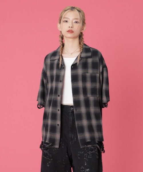 ブラウス シャツ DankeSchon/ダンケシェーン/OMBRE CHECK DAMEGE S/S SHIRTS レディース メンズ DANKE SCHON シャツ DankeSchon/ダンケシェーン/OMBRE CHECK