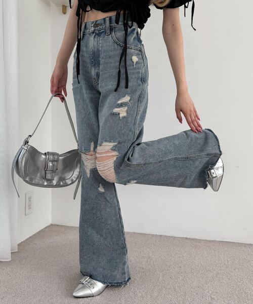 WEGO(ウィゴー)の「WEGO/ダメージフレアデニムパンツ(デニムパンツ・レディース・コバルトブルー/スカイブルー・SMALL/MEDIUM)」の1枚目の写真