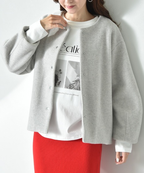 INTERPLANET（インタープラネット）の「メランジブランケットノーカラーショートコート（ノーカラーコート・レディース・グレー/ブラック/ベージュ・FREE）」の3枚目の写真