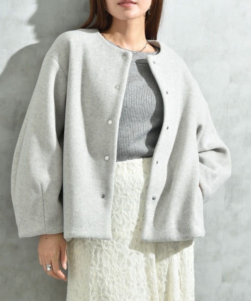 INTERPLANET（インタープラネット）の「メランジブランケットノーカラーショートコート（ノーカラーコート・レディース・グレー/ブラック/ベージュ・FREE）」の8枚目の写真