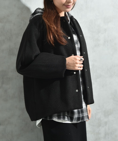 セール】メランジブランケットノーカラーショートコート（ノーカラー