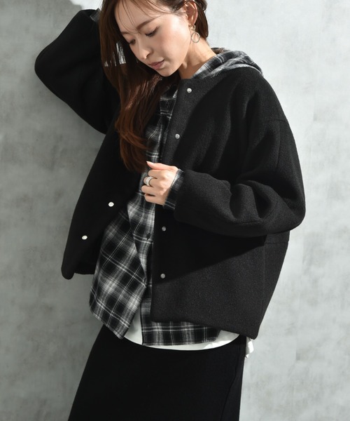 セール】メランジブランケットノーカラーショートコート（ノーカラー