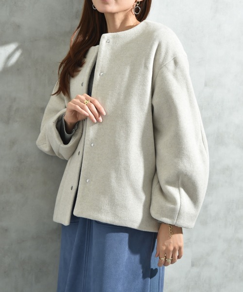 INTERPLANET（インタープラネット）の「メランジブランケットノーカラーショートコート（ノーカラーコート・レディース・グレー/ブラック/ベージュ・FREE）」の6枚目の写真