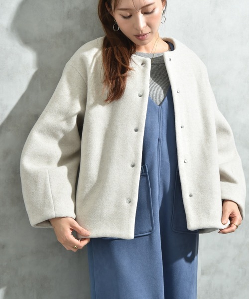 INTERPLANET（インタープラネット）の「メランジブランケットノーカラーショートコート（ノーカラーコート・レディース・グレー/ブラック/ベージュ・FREE）」の7枚目の写真