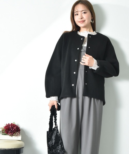 セール】メランジブランケットノーカラーショートコート（ノーカラー