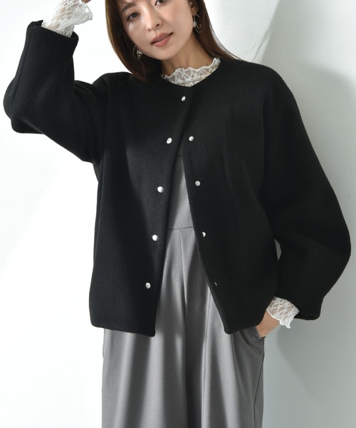 セール】メランジブランケットノーカラーショートコート（ノーカラー