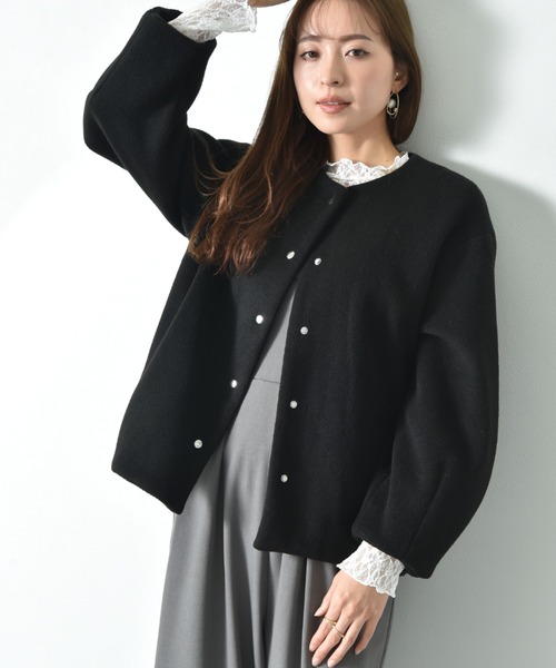 セール】メランジブランケットノーカラーショートコート（ノーカラー