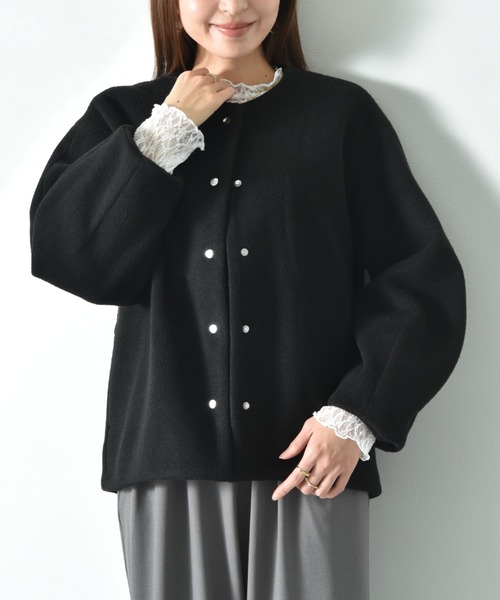 セール】メランジブランケットノーカラーショートコート（ノーカラー