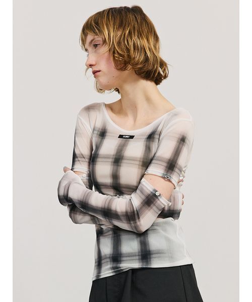 SORIN（ソリン　）の「Sheer Check 2Way Top/シアーチェック 2WAYトップ（Tシャツ/カットソー・レディース・ホワイト/グレー・38）」の17枚目の写真