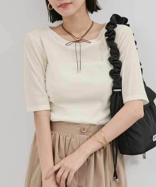 VIS（ビス）の「シーアベロア5部袖プルオーバー（Tシャツ/カットソー・レディース・ブラック/キナリ/チャコールグレー・FREE）」の2枚目の写真