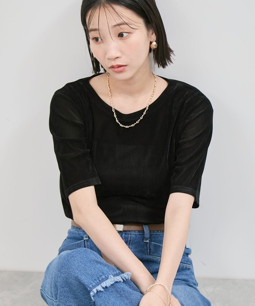 VIS（ビス）の「シーアベロア5部袖プルオーバー（Tシャツ/カットソー・レディース・ブラック/キナリ/チャコールグレー・FREE）」の3枚目の写真
