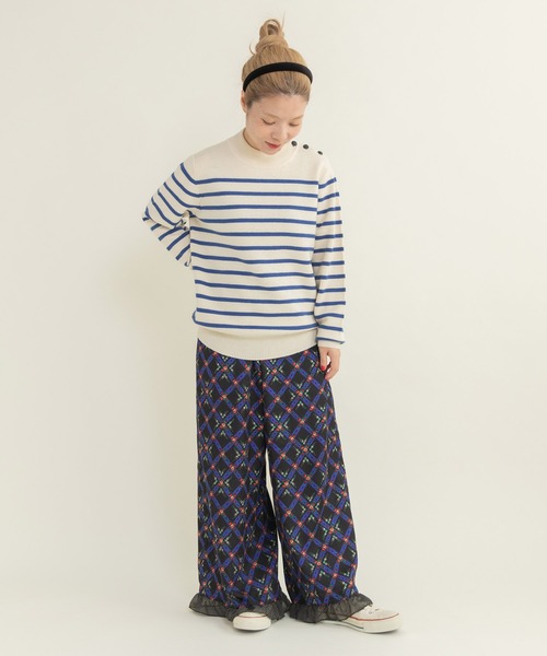 Dot＆Stripes CHILD WOMAN（ドットアンドストライプス　チャイルドウーマン）の「チェックフラワープリント 裾フリルパンツ（その他パンツ・レディース・ブラック/アイボリー・FREE）」の12枚目の写真