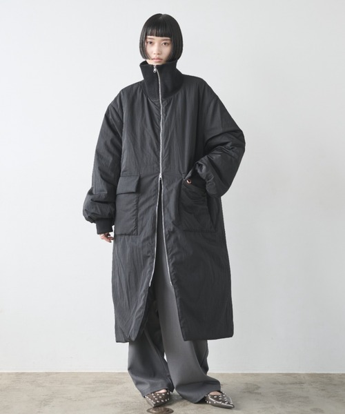 セール】撥水加工リブカラー中綿ロングコート（ダウンジャケット