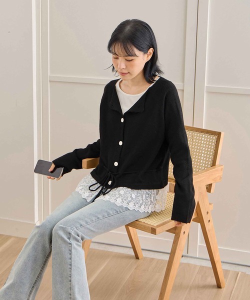 セール】裾レースドッキングカーディガン（カーディガン/ボレロ