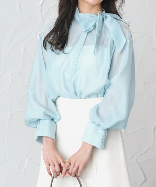 RUIRUE BOUTIQUE(ルイルエブティック)の「洗える | アシンメトリー ボウタイ シアー ブラウス | 長袖 シアーブラウス トップス シャツ ボウタイブラウス(シャツ/ブラウス・レディース・ブルー/ブラック/ホワイト・S/M/L/LL)」の10枚目の写真