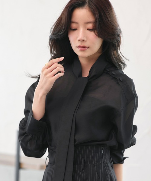 RUIRUE BOUTIQUE(ルイルエブティック)の「洗える | アシンメトリー ボウタイ シアー ブラウス | 長袖 シアーブラウス トップス シャツ ボウタイブラウス(シャツ/ブラウス・レディース・ブルー/ブラック/ホワイト・S/M/L/LL)」の16枚目の写真