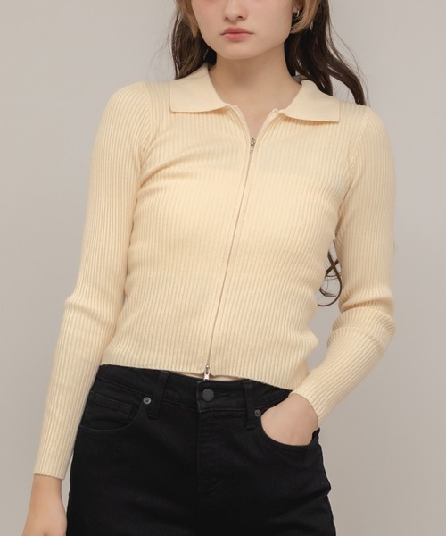 HEILIS(ヘイリス)の「ダブルジップリブニットトップス / ベージュ ブラック グレー ニット トップス 長袖 リブ 秋服 冬服 ダブルジップ ノームコア コンパクト クロップド 韓国 カーディガン(ニット/セーター・レディース・ブラック/グレー/ベージュ・FREE)」の1枚目の写真