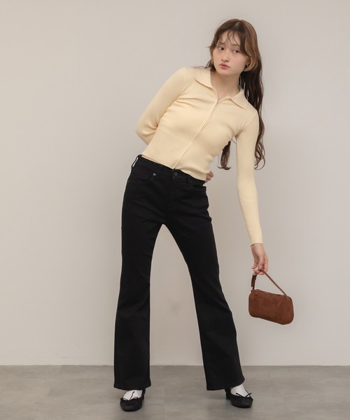 HEILIS(ヘイリス)の「ダブルジップリブニットトップス / ベージュ ブラック グレー ニット トップス 長袖 リブ 秋服 冬服 ダブルジップ ノームコア コンパクト クロップド 韓国 カーディガン(ニット/セーター・レディース・ブラック/グレー/ベージュ・FREE)」の9枚目の写真