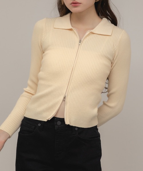 HEILIS(ヘイリス)の「ダブルジップリブニットトップス / ベージュ ブラック グレー ニット トップス 長袖 リブ 秋服 冬服 ダブルジップ ノームコア コンパクト クロップド 韓国 カーディガン(ニット/セーター・レディース・ブラック/グレー/ベージュ・FREE)」の14枚目の写真