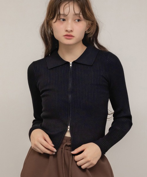 HEILIS(ヘイリス)の「ダブルジップリブニットトップス / ベージュ ブラック グレー ニット トップス 長袖 リブ 秋服 冬服 ダブルジップ ノームコア コンパクト クロップド 韓国 カーディガン(ニット/セーター・レディース・ブラック/グレー/ベージュ・FREE)」の15枚目の写真