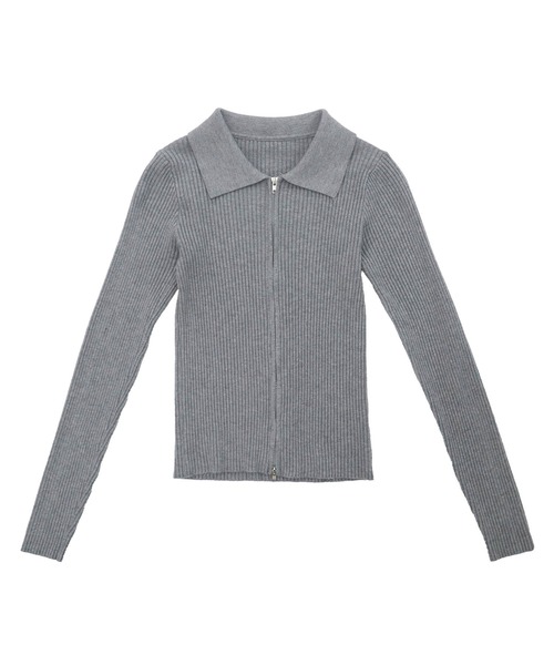 HEILIS(ヘイリス)の「ダブルジップリブニットトップス / ベージュ ブラック グレー ニット トップス 長袖 リブ 秋服 冬服 ダブルジップ ノームコア コンパクト クロップド 韓国 カーディガン(ニット/セーター・レディース・ブラック/グレー/ベージュ・FREE)」の4枚目の写真