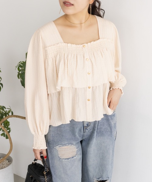 CLETTE（クレット）の「CLETTEオリジナルボタンデザイン長袖ティアードプルオーバー（Tシャツ/カットソー・レディース・ブラウン/チャコールグレー/アイボリー・LL/4L/3L）」の2枚目の写真