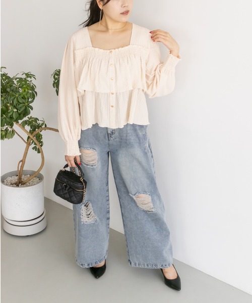 CLETTE（クレット）の「CLETTEオリジナルボタンデザイン長袖ティアードプルオーバー（Tシャツ/カットソー・レディース・ブラウン/チャコールグレー/アイボリー・LL/4L/3L）」の8枚目の写真
