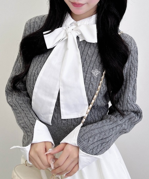 INGNI（イング）の「ボウタイシャツドッキングケーブルニット（ニット/セーター・レディース・ネイビー系8/グレー×ホワイト/ワイン系2・M）」の5枚目の写真