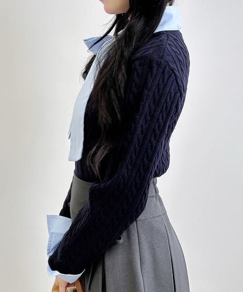 INGNI（イング）の「ボウタイシャツドッキングケーブルニット（ニット/セーター・レディース・ネイビー系8/グレー×ホワイト/ワイン系2・M）」の12枚目の写真