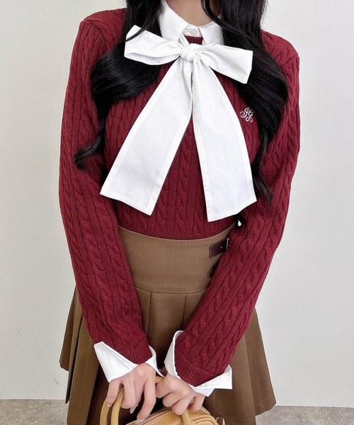 INGNI（イング）の「ボウタイシャツドッキングケーブルニット（ニット/セーター・レディース・ネイビー系8/グレー×ホワイト/ワイン系2・M）」の17枚目の写真