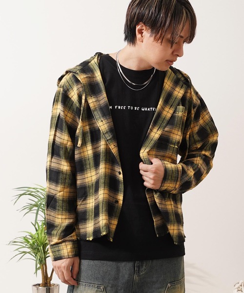 1111clothing(ワンフォークロージング)の「フリンジ チェックシャツパーカー / Fringe Check Shirt Hoodie(シャツ/ブラウス・メンズ・イエロー/パープル/ピンク/ブラック・M/L)」の3枚目の写真