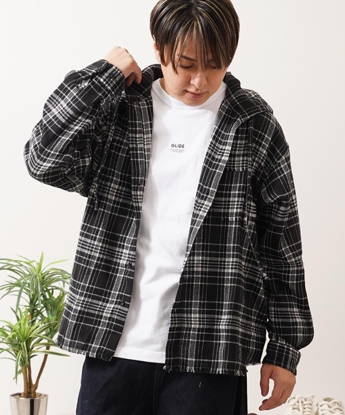 1111clothing(ワンフォークロージング)の「フリンジ チェックシャツパーカー / Fringe Check Shirt Hoodie(シャツ/ブラウス・メンズ・イエロー/パープル/ピンク/ブラック・M/L)」の2枚目の写真