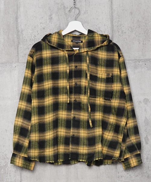 1111clothing(ワンフォークロージング)の「フリンジ チェックシャツパーカー / Fringe Check Shirt Hoodie(シャツ/ブラウス・メンズ・イエロー/パープル/ピンク/ブラック・M/L)」の10枚目の写真