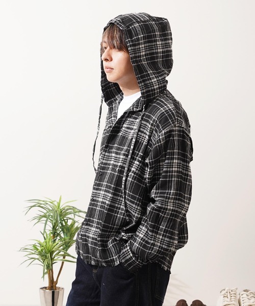1111clothing(ワンフォークロージング)の「フリンジ チェックシャツパーカー / Fringe Check Shirt Hoodie(シャツ/ブラウス・メンズ・イエロー/パープル/ピンク/ブラック・M/L)」の15枚目の写真