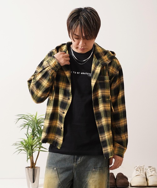 1111clothing(ワンフォークロージング)の「フリンジ チェックシャツパーカー / Fringe Check Shirt Hoodie(シャツ/ブラウス・メンズ・イエロー/パープル/ピンク/ブラック・M/L)」の19枚目の写真