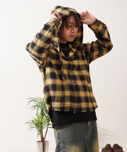 1111clothing(ワンフォークロージング)の「フリンジ チェックシャツパーカー / Fringe Check Shirt Hoodie(シャツ/ブラウス・メンズ・イエロー/パープル/ピンク/ブラック・M/L)」の20枚目の写真