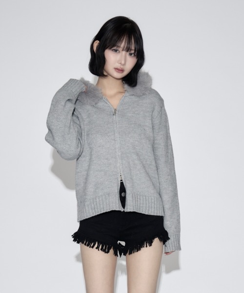 tinkerend(ティンカーエンド)の「Fur Hoodie Knit Parka / ファーフーディーニットパーカー(ニット/セーター・レディース・ブラック/グレー・FREE)」の1枚目の写真