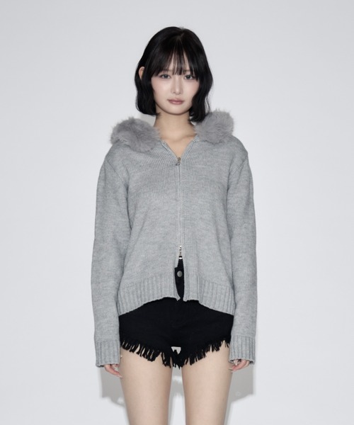 tinkerend(ティンカーエンド)の「Fur Hoodie Knit Parka / ファーフーディーニットパーカー(ニット/セーター・レディース・ブラック/グレー・FREE)」の12枚目の写真