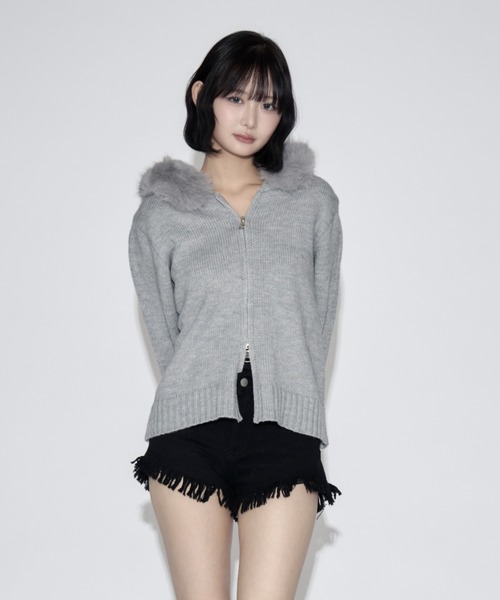 tinkerend(ティンカーエンド)の「Fur Hoodie Knit Parka / ファーフーディーニットパーカー(ニット/セーター・レディース・ブラック/グレー・FREE)」の13枚目の写真