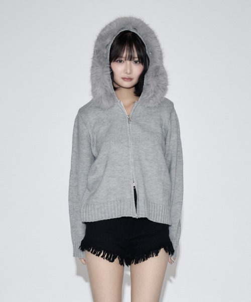 tinkerend(ティンカーエンド)の「Fur Hoodie Knit Parka / ファーフーディーニットパーカー(ニット/セーター・レディース・ブラック/グレー・FREE)」の16枚目の写真