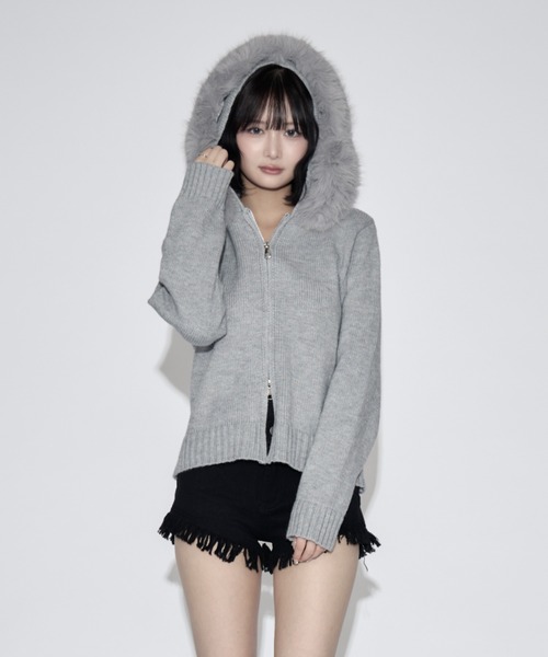 tinkerend(ティンカーエンド)の「Fur Hoodie Knit Parka / ファーフーディーニットパーカー(ニット/セーター・レディース・ブラック/グレー・FREE)」の17枚目の写真