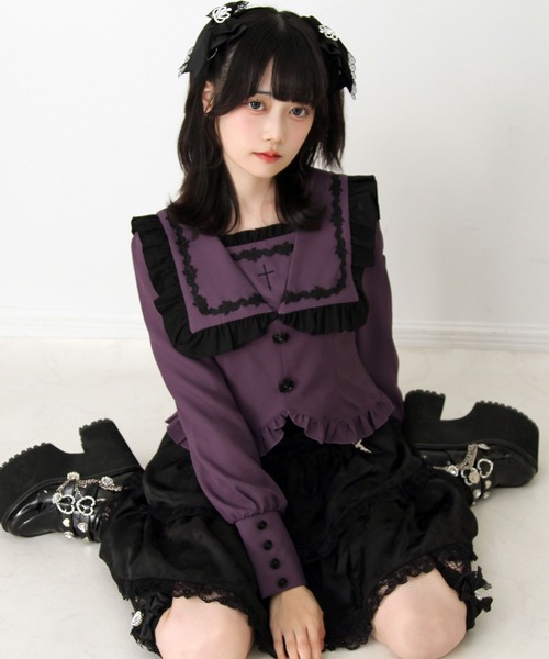 DearMyLove(ディアマイラブ)の「ゴシック風十字架バラレースフリルセーラーブラウス(シャツ/ブラウス・レディース・ブラック/ボルドー/パープル・MEDIUM/LARGE/LL/3L)」の3枚目の写真