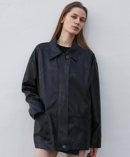 NICK&NICOLE(ニックアンドニコール)の「MID FAUX LEATHER JACKET_BLACK(ライダースジャケット・レディース・その他・FREE)」の3枚目の写真