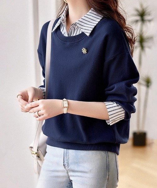 Doux Belle(ドゥーベル)の「ストライプシャツ×ニット MIXレイヤード風トップス(Tシャツ/カットソー・レディース・ダークブラウン/ネイビー・MEDIUM)」の8枚目の写真